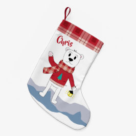 Voorraden met faux plaid border en polair beer kleine kerstsok