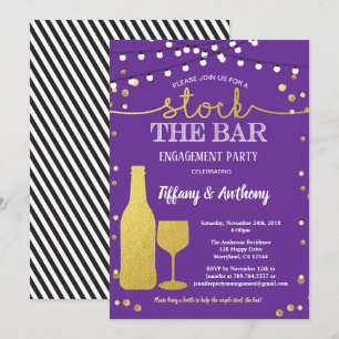 Voorraden van de bar verlovingspartij paars en gou kaart