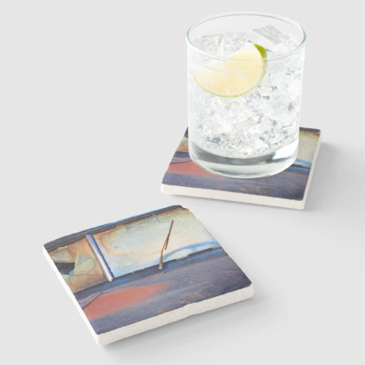 Voorschild van een oude roestvrijwagen stenen onderzetter (Zijkant)