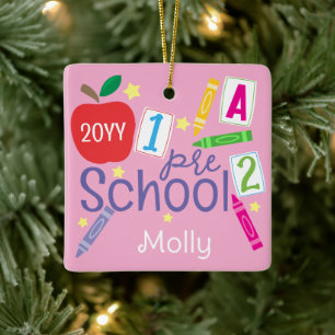 Voorschoolse herinnering Roze Paarse Meisjes Foto Keramisch Ornament