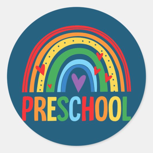 Voorschoolse regenboog terug naar schoolteam ronde sticker (Voorkant)