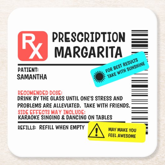Voorschrift Margarita Funny Warning Label Kartonnen Onderzetters (Voorkant)