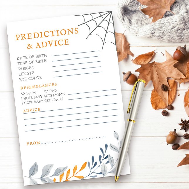 Voorspellingen Advies Halloween Baby shower Activi (Predictions & Advice halloween themed baby shower activity with fall leaves and cobweb)