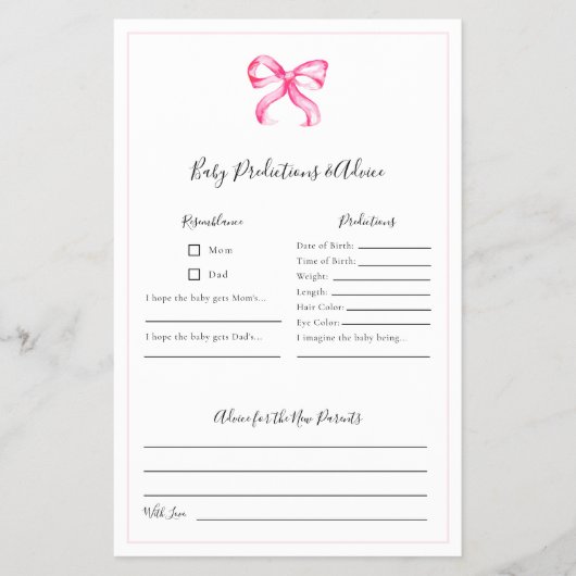 Voorspellingen en advies Spel Pink Bow Baby shower Flyer (Voorkant)