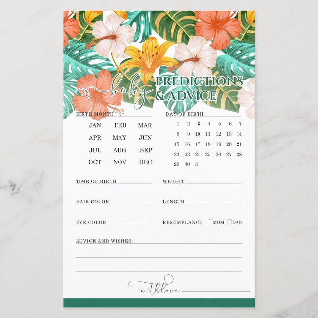 Voorspellingen en Advies Tropisch Baby shower Spel (Voorkant)