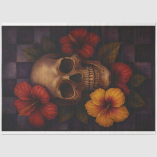 Voorste schedel en Hibiscus Decoupage Papier (Voorkant)