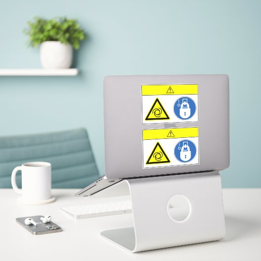 Voorzichtigheid/apparatuur begint automatisch met  sticker (Laptop op bureau)