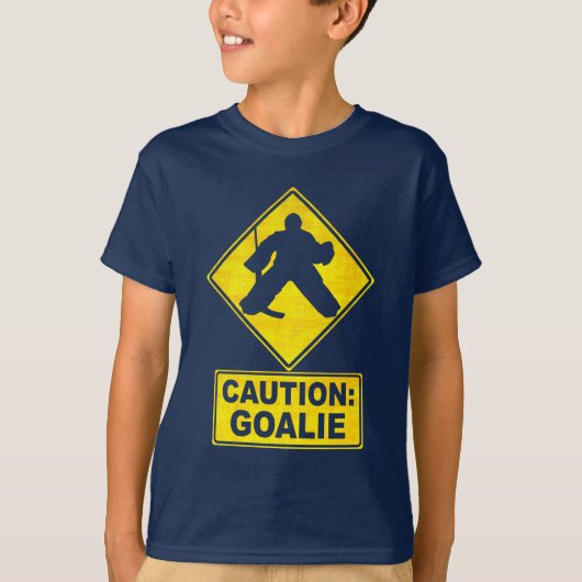 Voorzichtigheid: Hockey Goalie Kinderen Tee Shirt (Voorkant)
