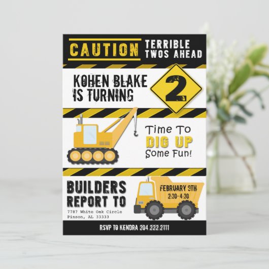 Voorzichtigheid terrible Two's Invitation Kaart (Staand voorkant)