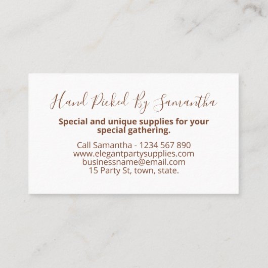 Voorziening voor evenementen van legant Party Visitekaartje (Achterkant)