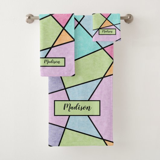 Voorzijde Abstracte geometrische roze roze blauwe Bad Handdoek (Insitu)