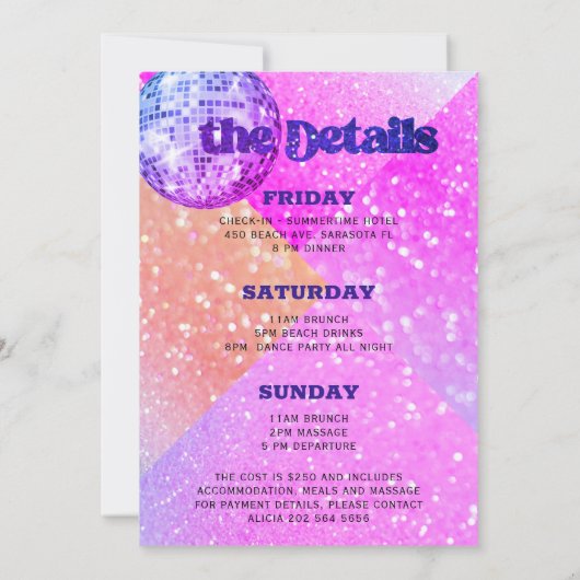 Vorige disco retro 70 bachelorette weekend kaart (Achterkant)