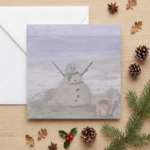 Vorige Sneeuwman Aan Het Strand Feestdagenkaart
