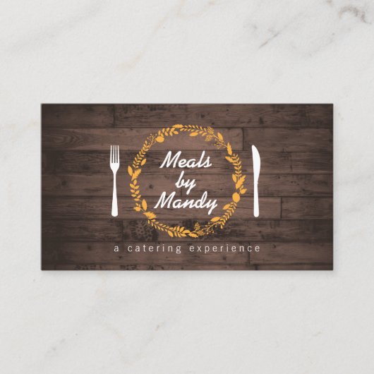 Vork en Mes Krans op Woodgrain Catering, Chef Visitekaartje (Voorkant)