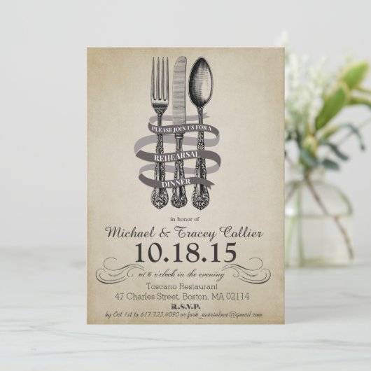 Vork en mes repetitie diner uitnodiging (Staand voorkant)