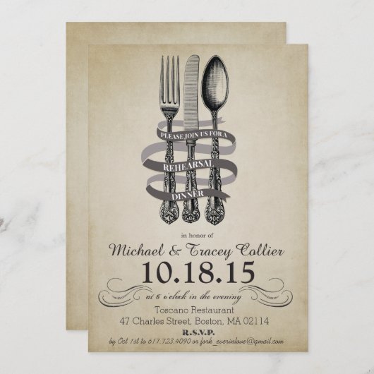 Vork en mes repetitie diner uitnodiging (Voorkant / Achterkant)