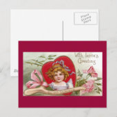 Vorkbeen, Rozen en Meisje Vintage Valentijn Feestdagenkaart (Voorkant / Achterkant)