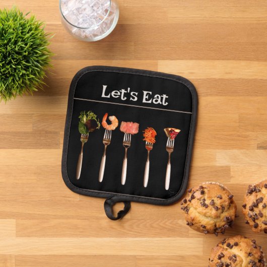 Vorken op Black Let's Eat Oven Mitt en Pothouders Pannenlap (Top down)