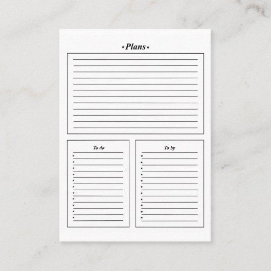 vorm, plannen, wat te doen, wat te kopen visitekaartje (Voorkant)