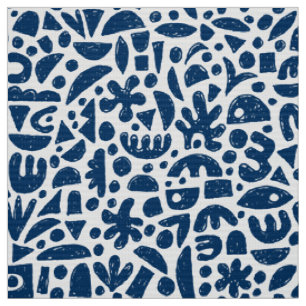Vormen Abstract 140821 - Indigo Blauw op Wit Stof
