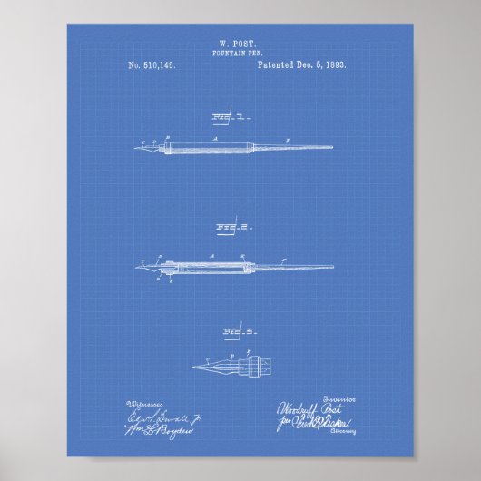 Vormt Pen 1893 Patent Art Blueprint Poster (Voorkant)