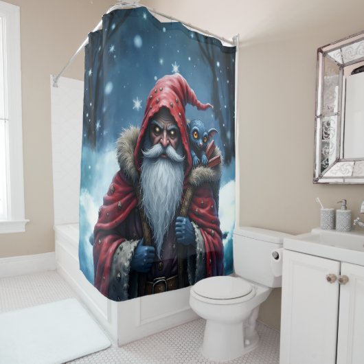 Vorstbeet Santa & zijn ondeugende elf. Douchegordijn (In situ)
