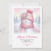 Vorstige roze sneeuwman kinder kerstkaart bewerkba (Voorkant)