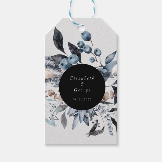 vorstige stoffige blauwe winter bloemige monogram cadeaulabel (Voorkant)