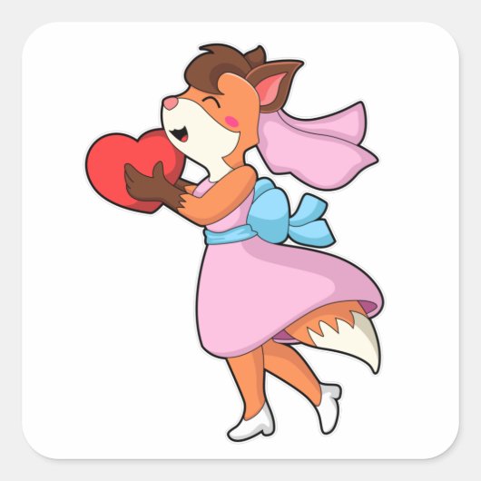 Vos als bruid met jurk & hart vierkante sticker (Voorkant)