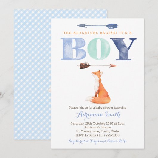 vos baby shower nodigt uit, jongen herfst baby spr kaart (Voorkant / Achterkant)