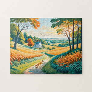 Vos die over veldpad loopt in herfst boerenland legpuzzel