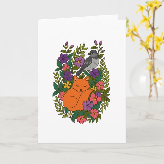 Vos, duif en bloemen kaart (Gele Bloem)