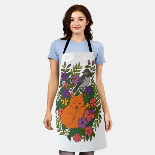 Vos, duif en bloemen schort (Gedragen)