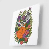 Vos, duif en bloemen vierkante klok (Hoek)