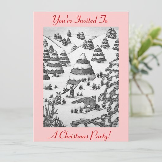 vos en konijnen sneeuwscène kerst uitnodiging (Staand voorkant)