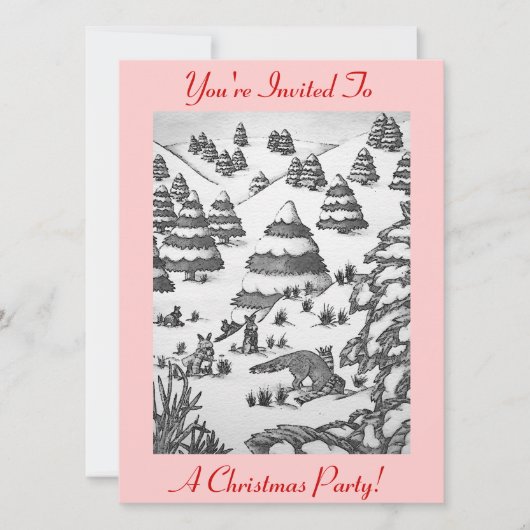vos en konijnen sneeuwscène kerst uitnodiging (Voorkant)