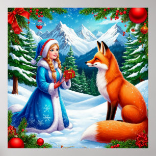 Vos en Sneeuwmeisje in een winter landschaps scène Poster