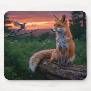 Vos en Vogel bij zonsondergang in Forest Scene Muismat