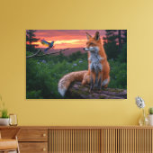 Vos en vogel bij zonsondergang – Stille bossen Canvas Afdruk (Insitu (Woonkamer))