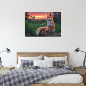 Vos en vogel bij zonsondergang – Stille bossen Canvas Afdruk (Insitu (Slaapkamer))