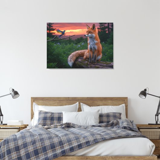 Vos en vogel bij zonsondergang – Stille bossen Canvas Afdruk (Insitu (Slaapkamer))