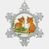 Vos en vogel genieten van kerstsneeuw tin sneeuwvlok ornament (Voorkant)