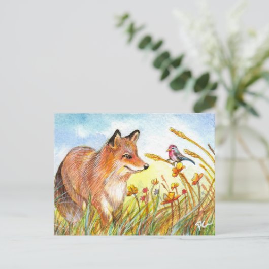 vos en vogel in het veld briefkaart (Staand voorkant)