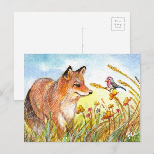 vos en vogel in het veld briefkaart (Voorkant / Achterkant)