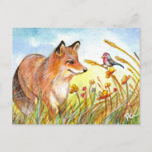 vos en vogel in het veld briefkaart