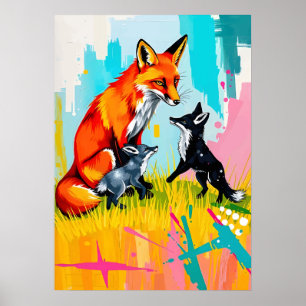 Vos Familie Speeltijd – Neon Wilde Dieren Pop Art Poster