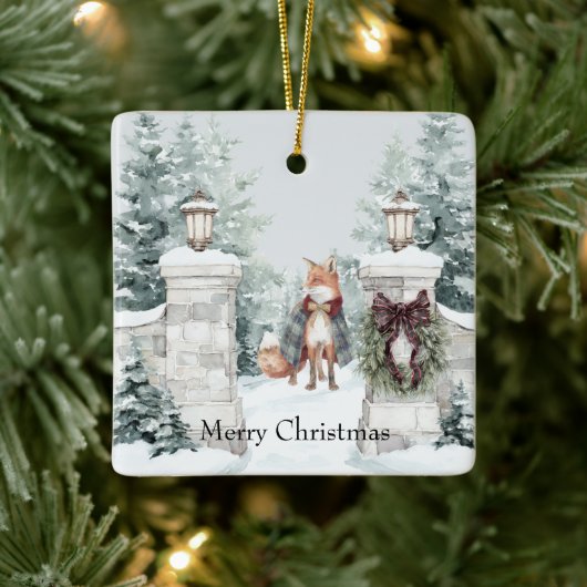 Vos Groene Jas Sneeuw Kerstmis Keramisch Ornament (Boom)