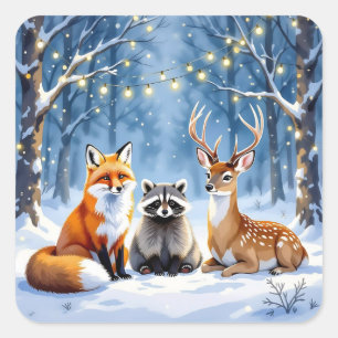 Vos, Hert en Wasbeer in Festieve Bos Kerstmis Vierkante Sticker