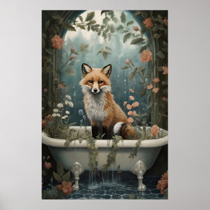 Vos in badkuip bloemendruk, vintage badkamer poster