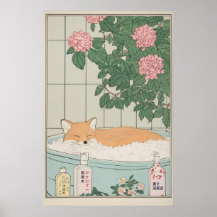 Vos in badkuip Kunstprint Japanse Ukiyo-e stijl Poster